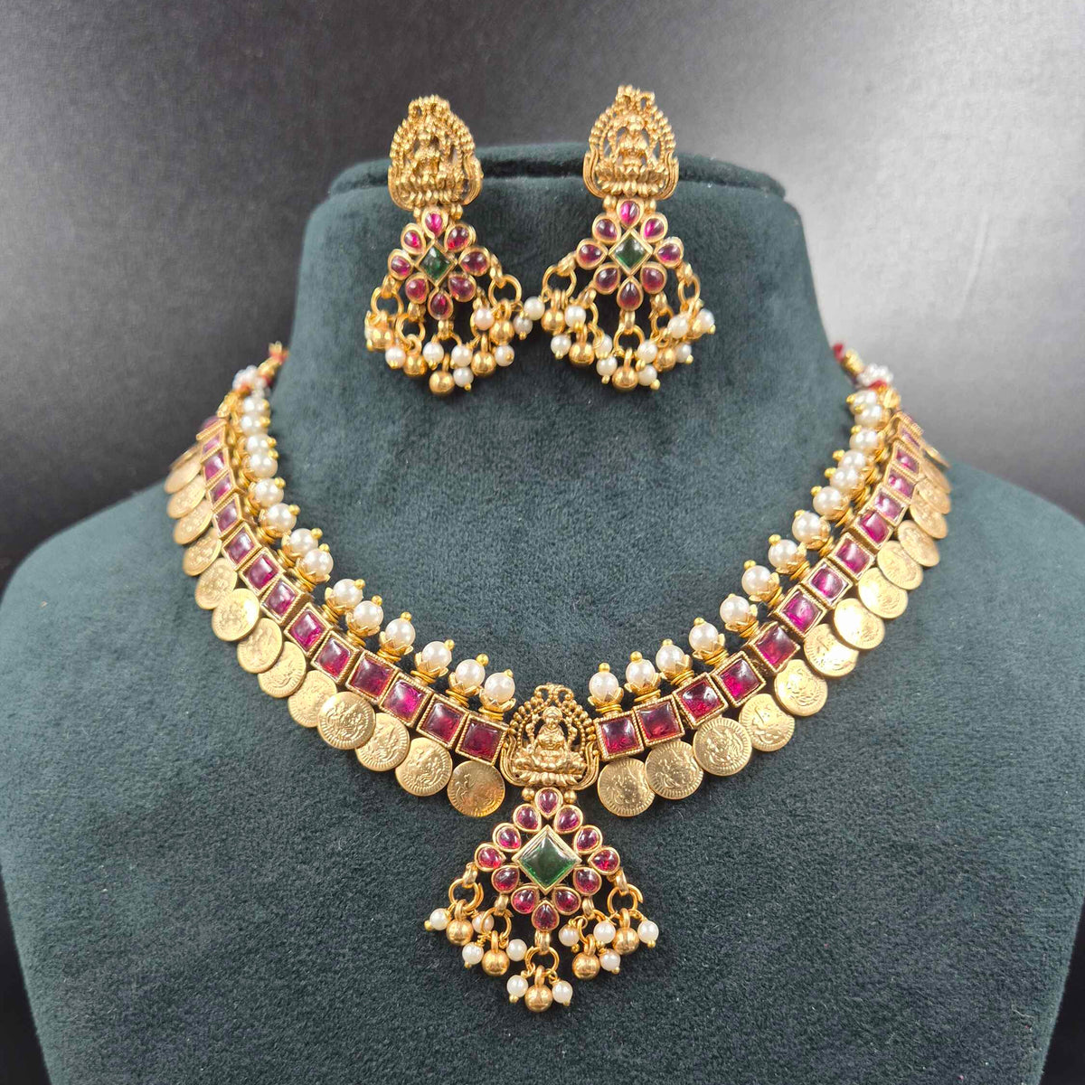 Ruby red Kasu Mala Necklace Set | Traditional South Indian Jewellery