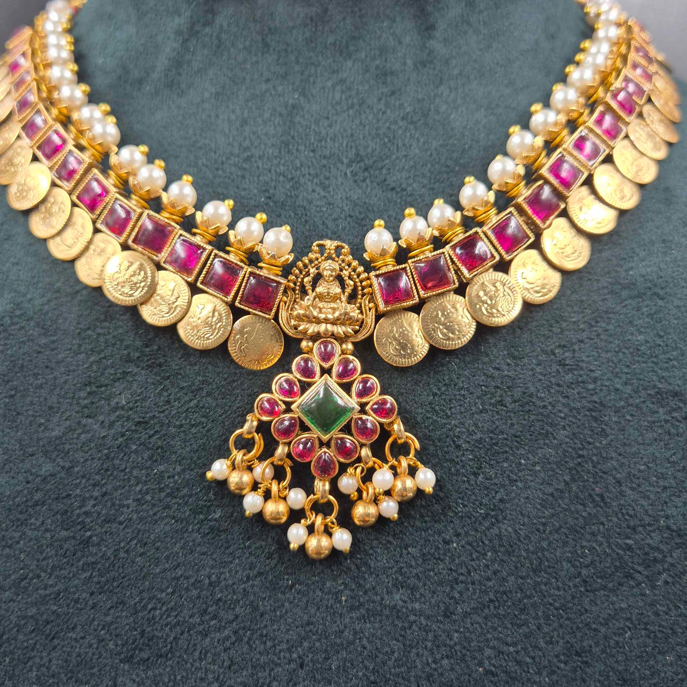 Ruby red Kasu Mala Necklace Set | Traditional South Indian Jewellery