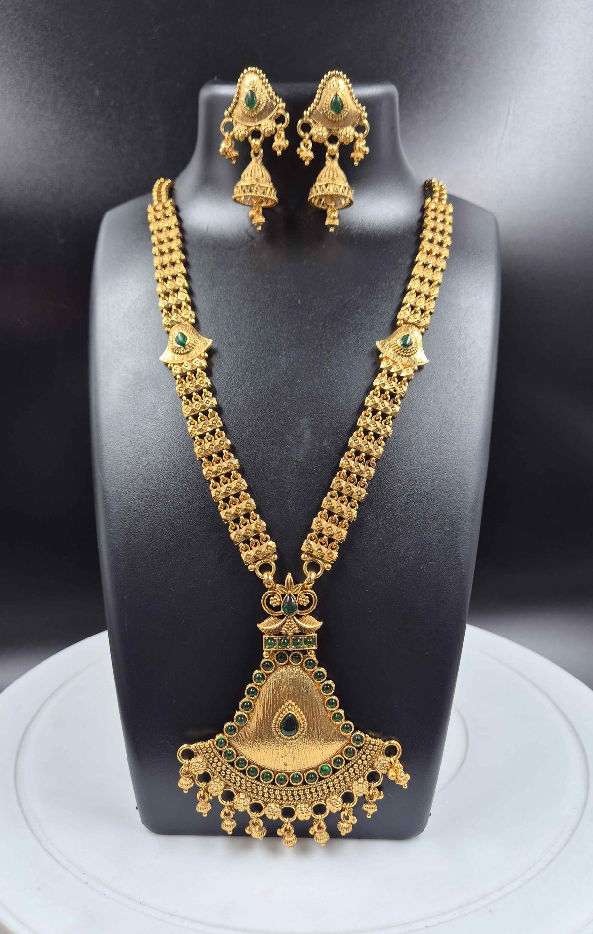 Antique Gold Geometric Necklace with Green Stones & Statement Pendant Set