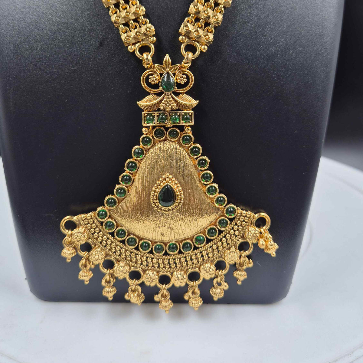 Antique Gold Geometric Necklace with Green Stones & Statement Pendant Set