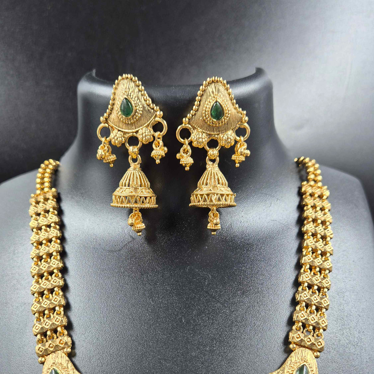Antique Gold Geometric Necklace with Green Stones & Statement Pendant Set