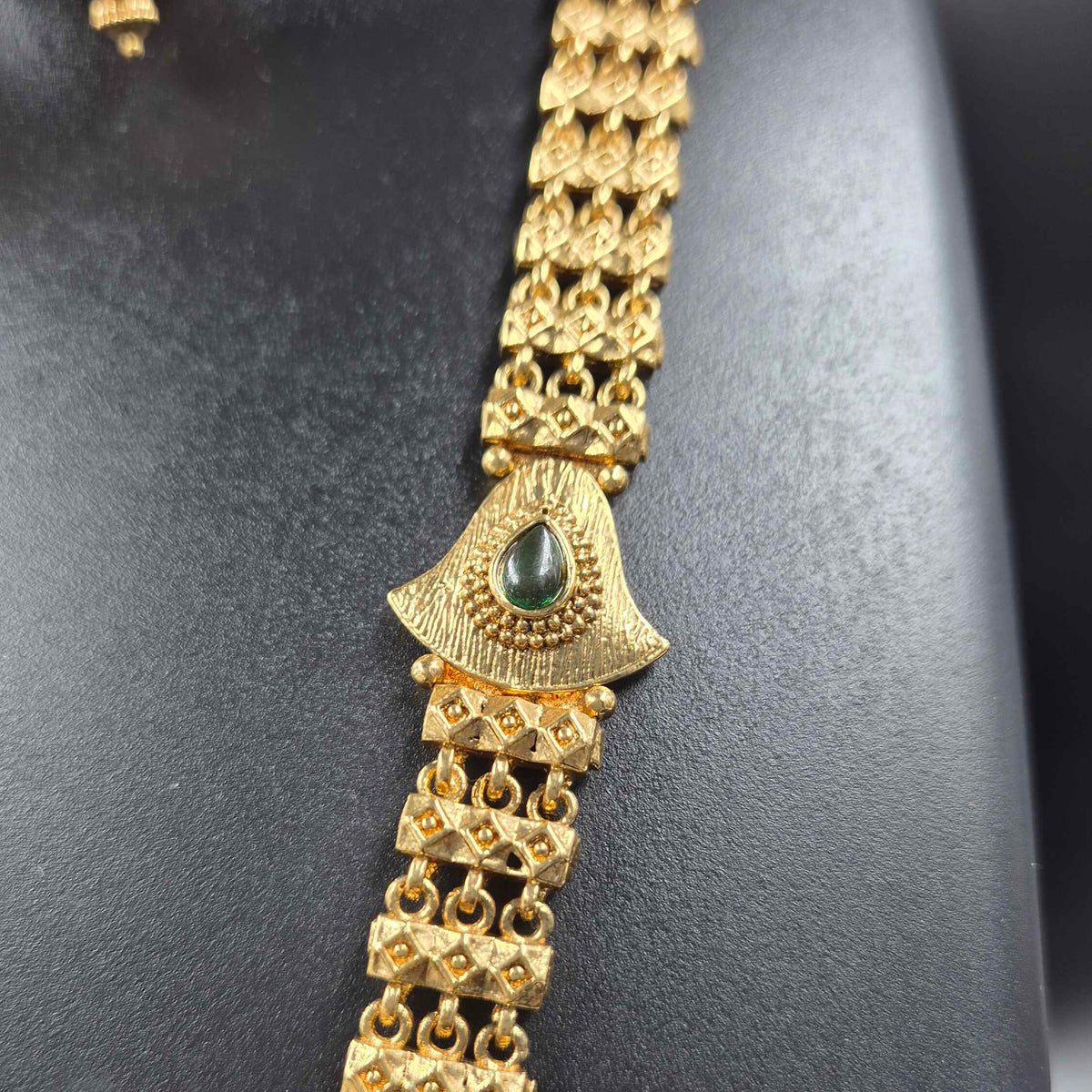 Antique Gold Geometric Necklace with Green Stones & Statement Pendant Set