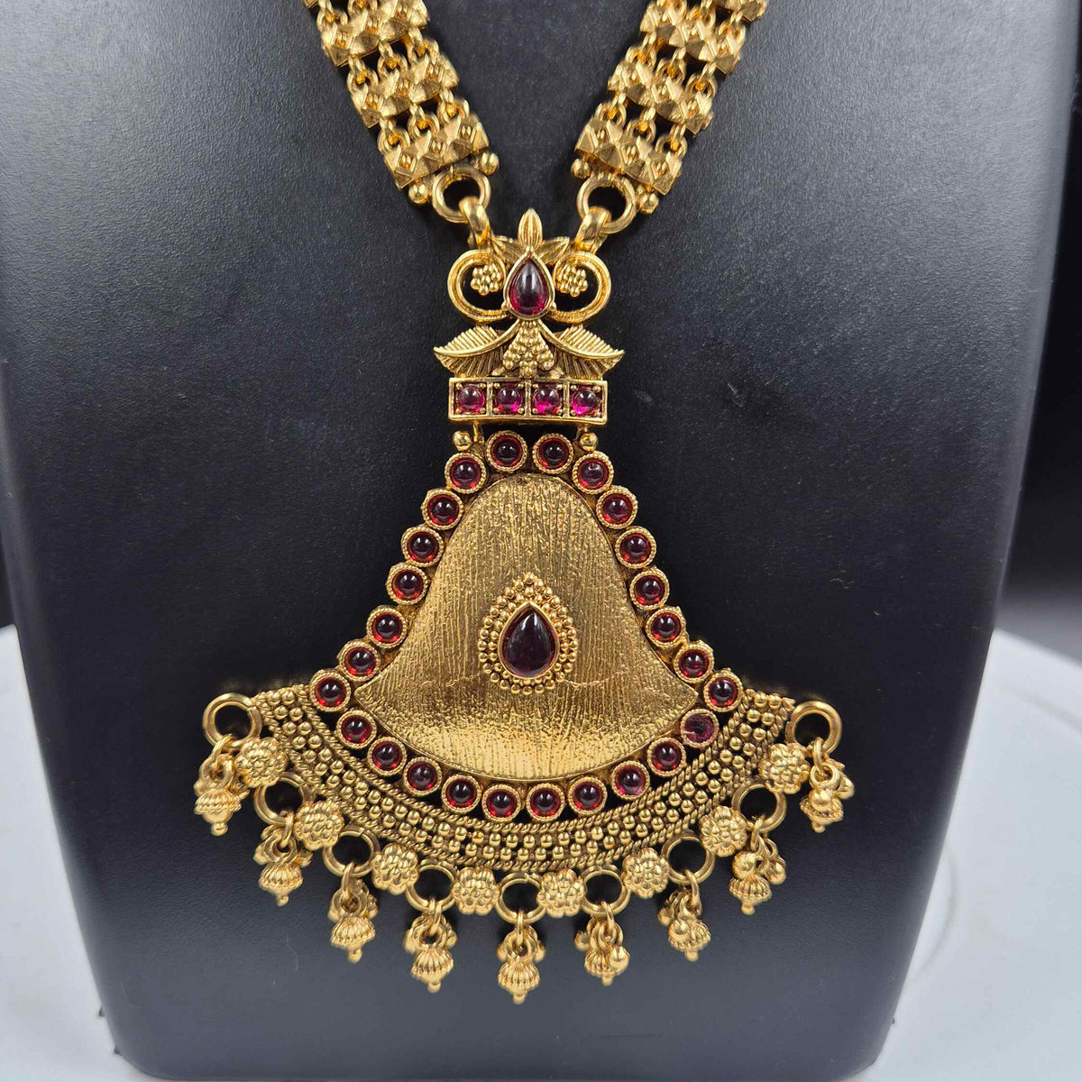 Gold Geometric Necklace with Ruby Stones & Statement Pendant Set