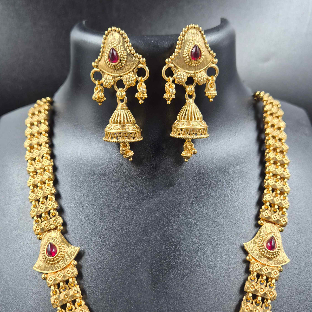 Gold Geometric Necklace with Ruby Stones & Statement Pendant Set