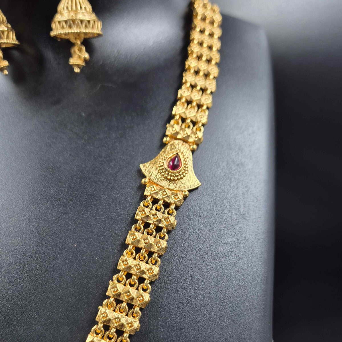Gold Geometric Necklace with Ruby Stones & Statement Pendant Set