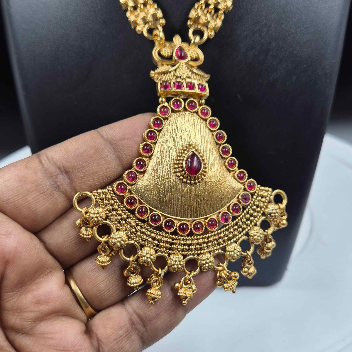 Gold Geometric Necklace with Ruby Stones & Statement Pendant Set