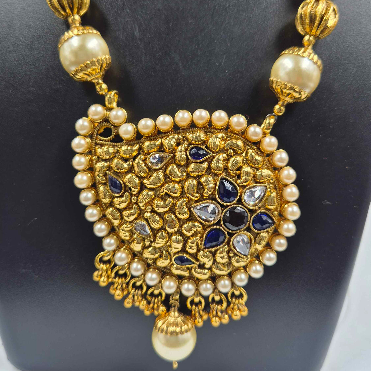 Gold Pendant Necklace with Blue Stones & Pearl Beads