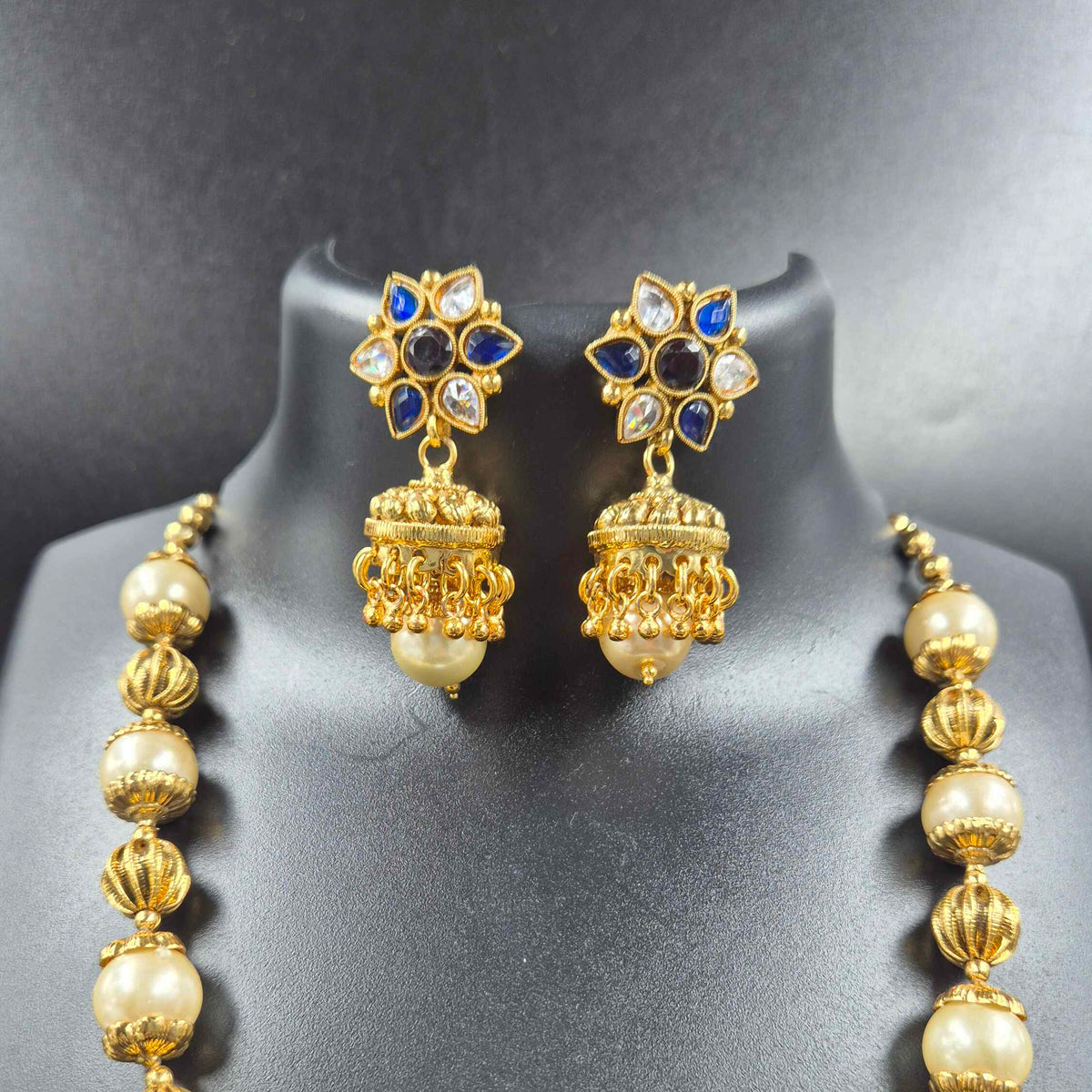 Gold Pendant Necklace with Blue Stones & Pearl Beads