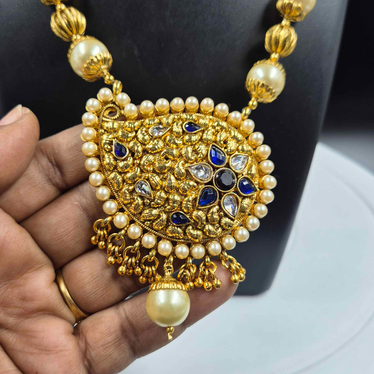 Gold Pendant Necklace with Blue Stones & Pearl Beads