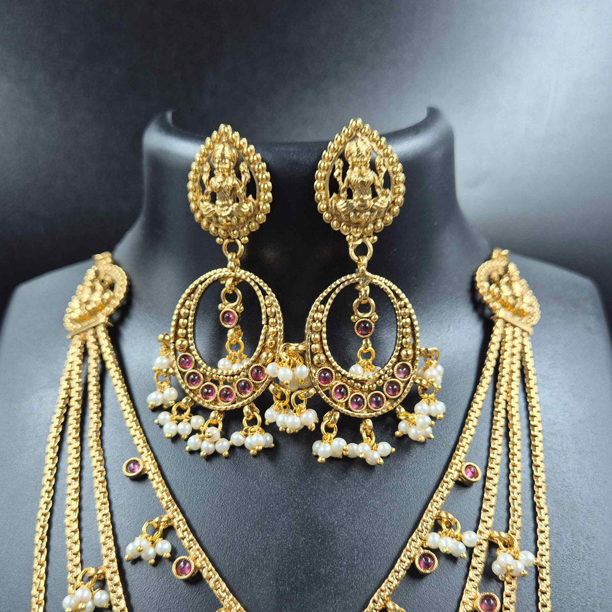 Gold Layered Necklace Set with Goddess Pendants, Ruby Stones & Pearls