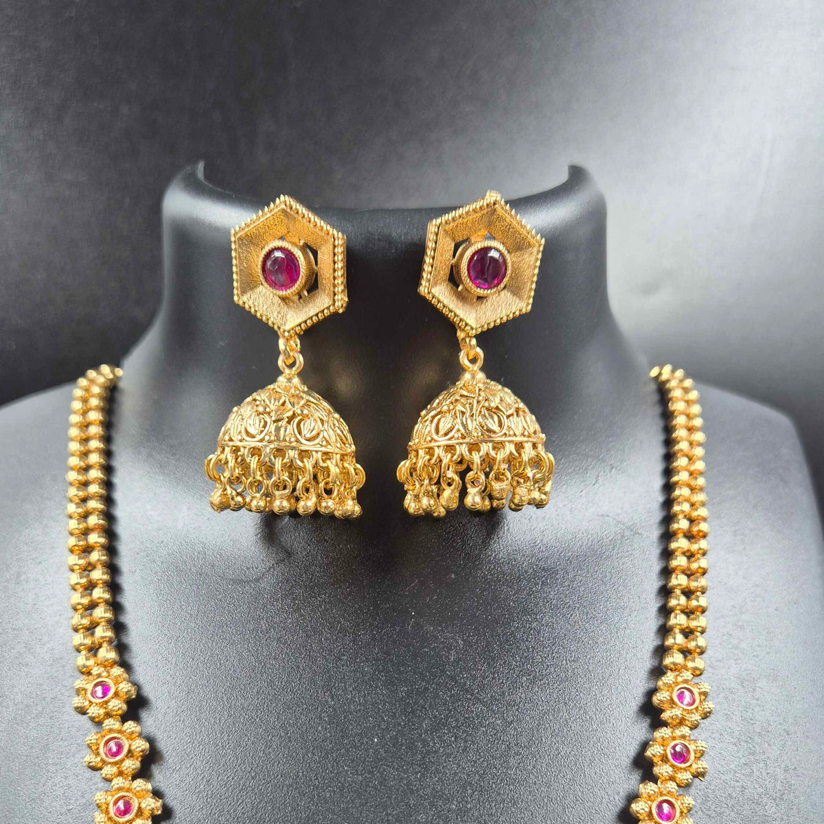 Antique Gold Geometric Necklace with Ruby Stones & Hexagon Pendant Set