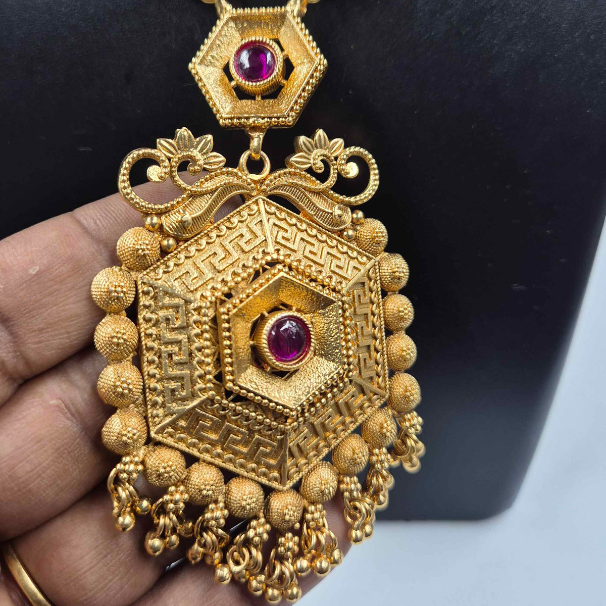 Antique Gold Geometric Necklace with Ruby Stones & Hexagon Pendant Set