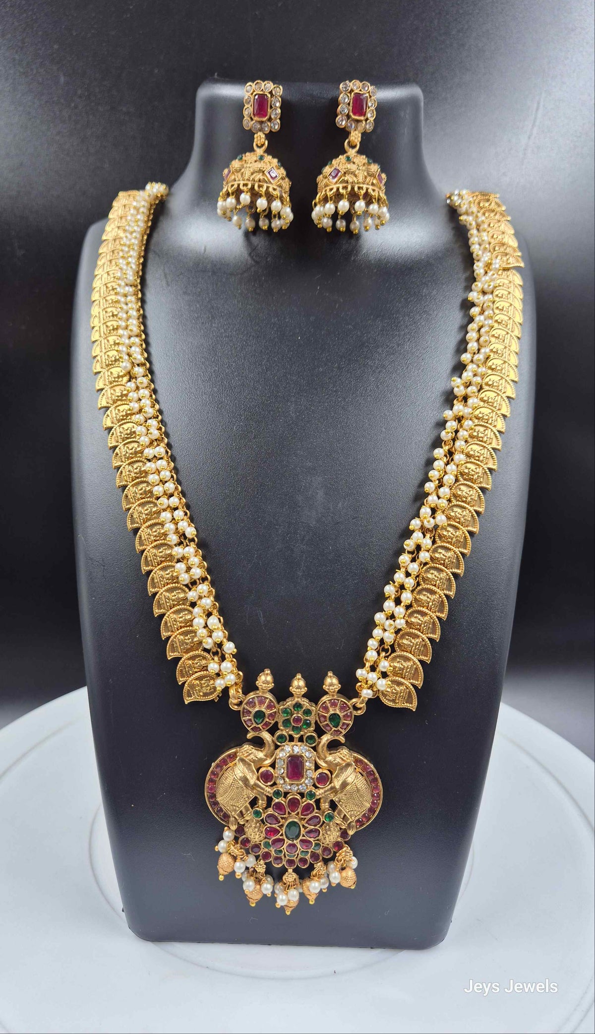 Antique Gold Mango Motif Necklace with Ruby Green Stones & Pearl Drops
