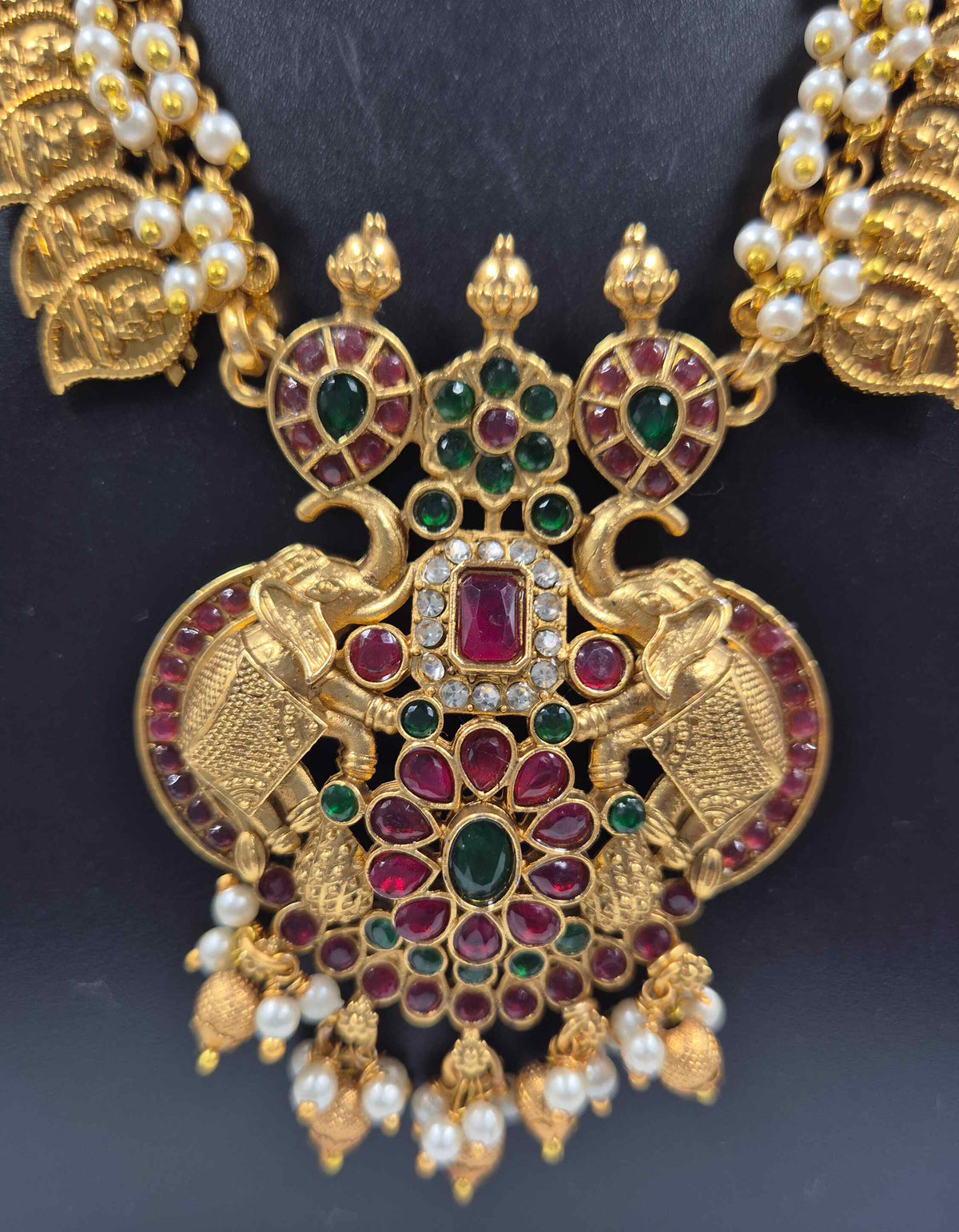 Antique Gold Mango Motif Necklace with Ruby Green Stones & Pearl Drops