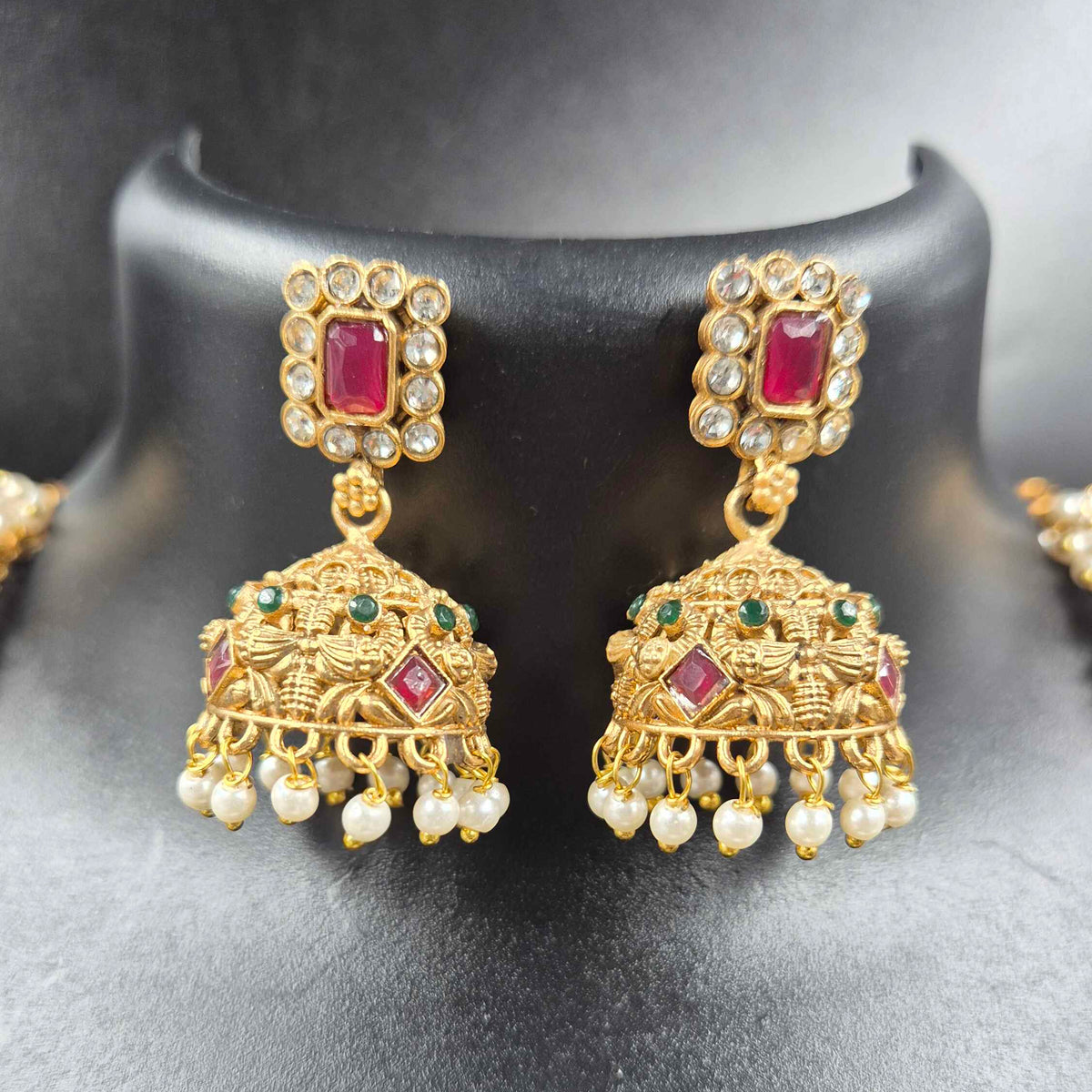 Antique Gold Mango Motif Necklace with Ruby Green Stones & Pearl Drops