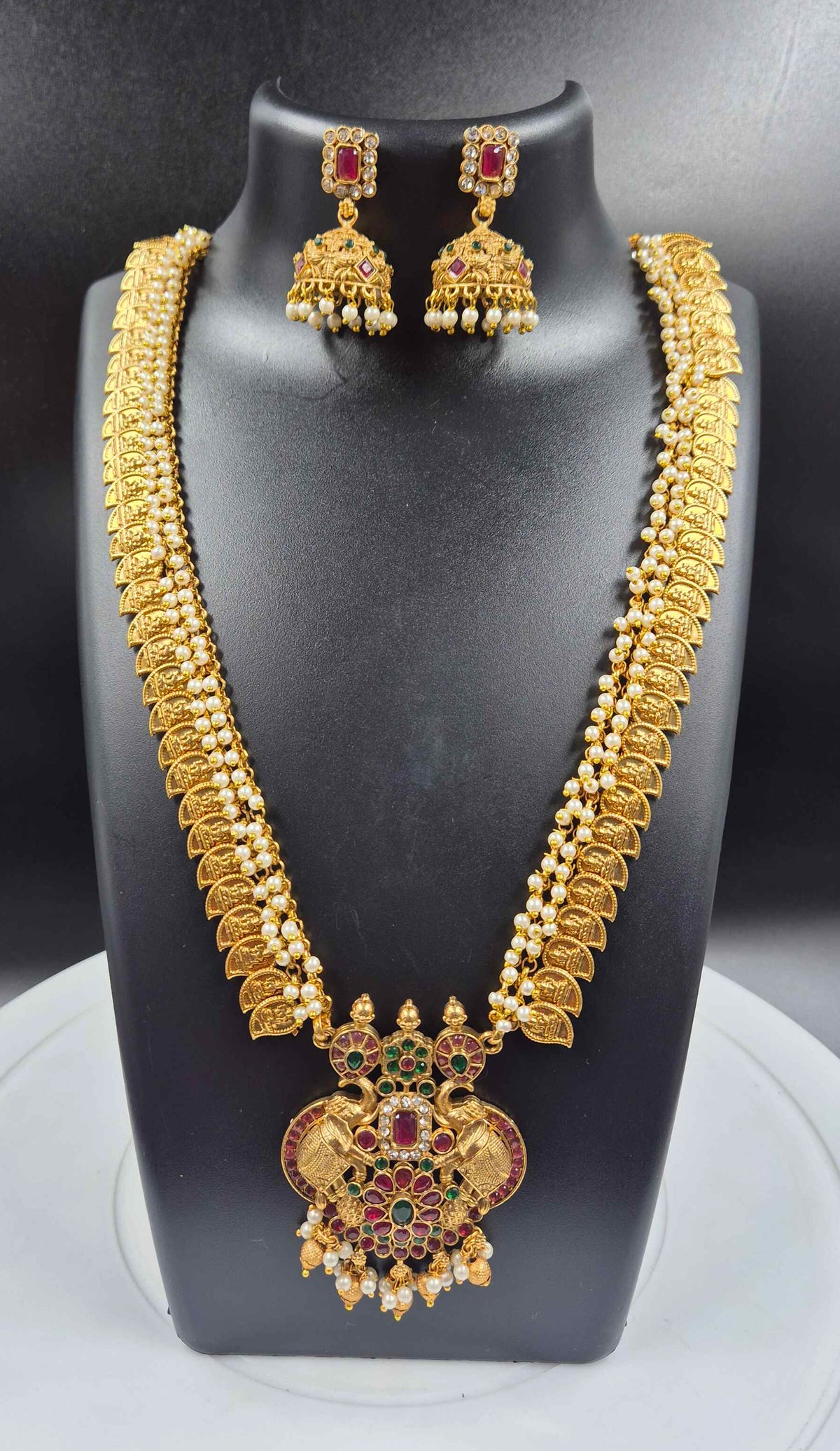 Antique Gold Mango Motif Necklace with Ruby Green Stones & Pearl Drops