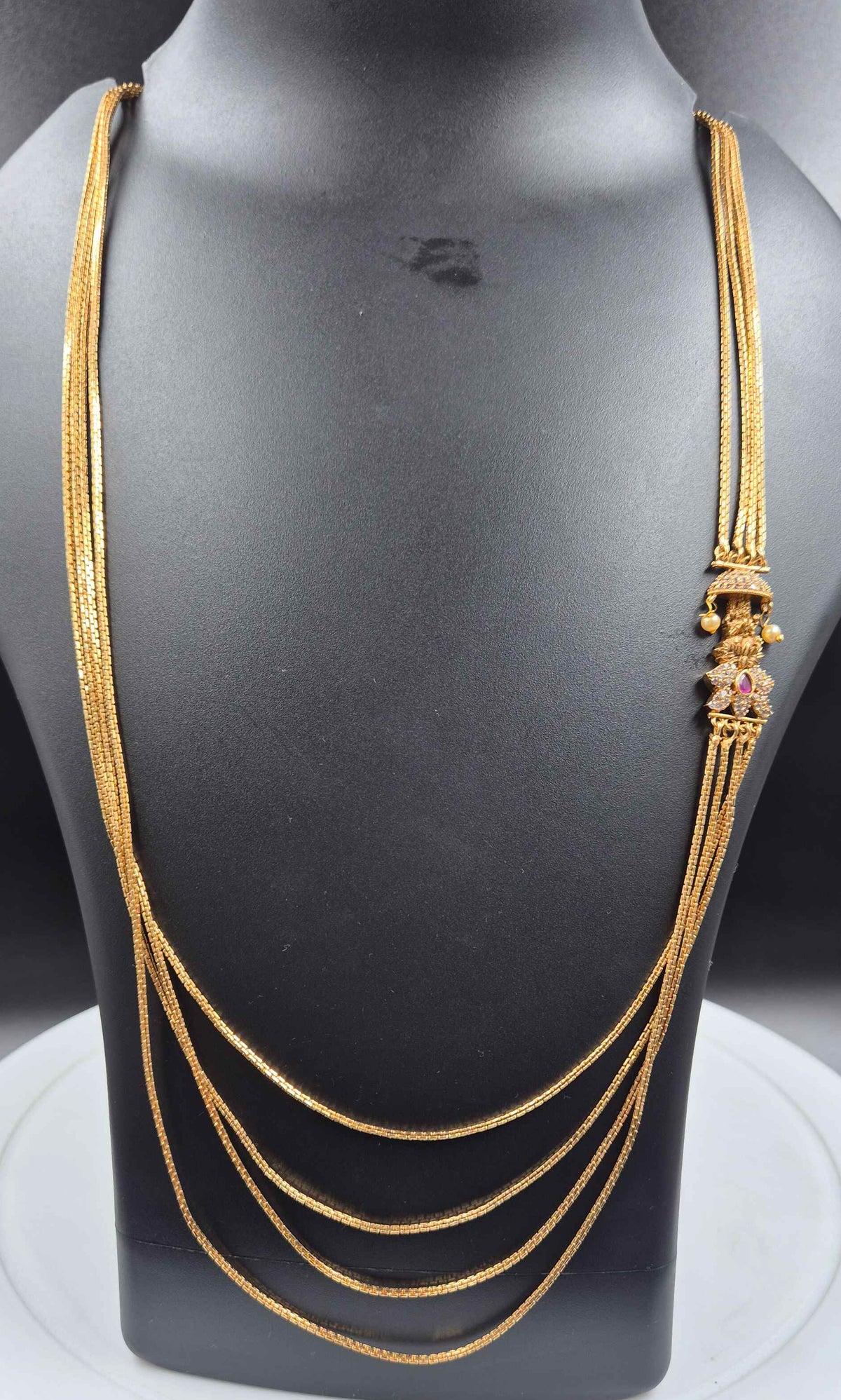4 Layer Gold Plated Long Chain with Lakshmi on lotus Mugappu