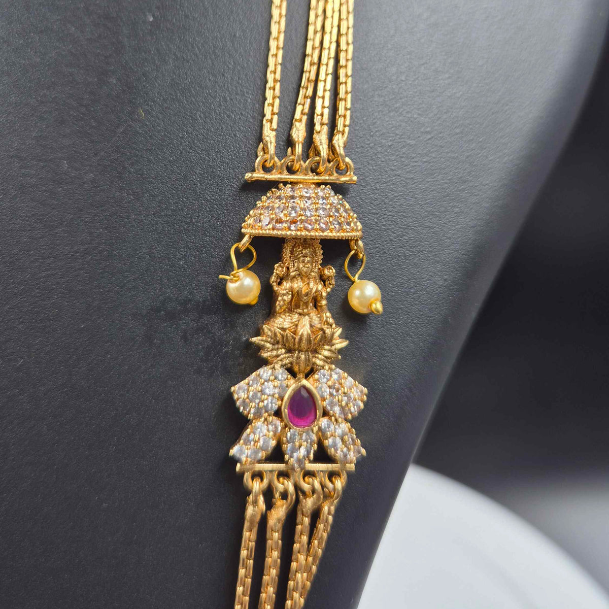 4 Layer Gold Plated Long Chain with Lakshmi on lotus Mugappu