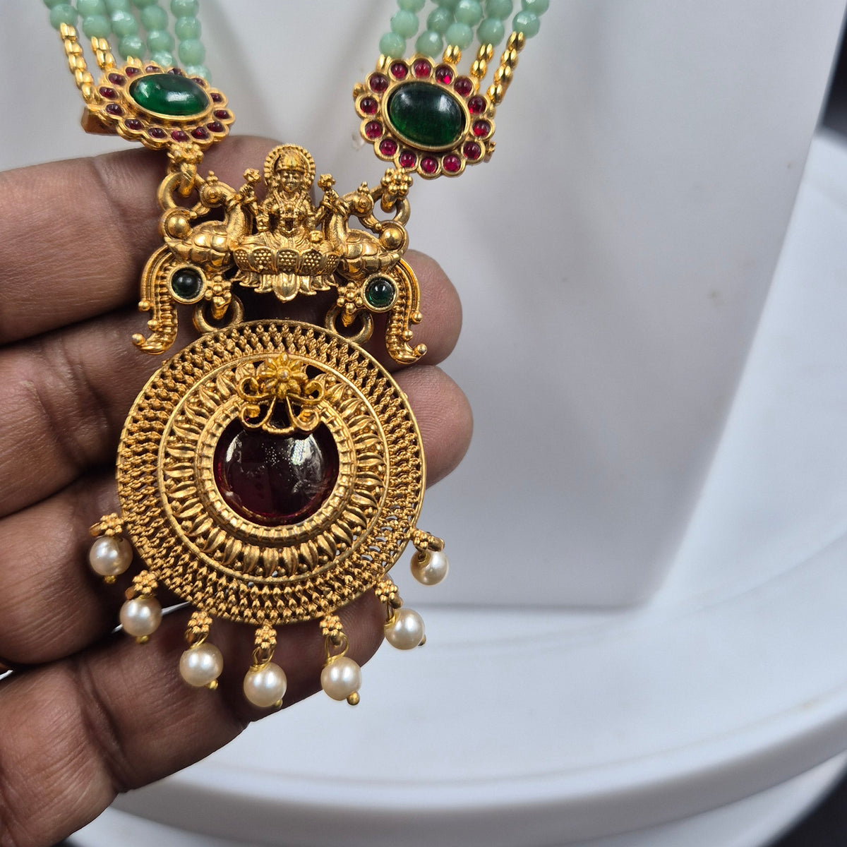Green Beaded Lakshmi Necklace