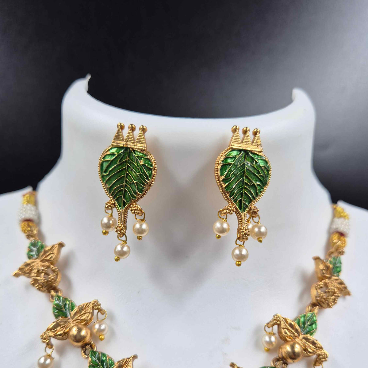 Lakshmi on Green Leaf Necklace & Earrings