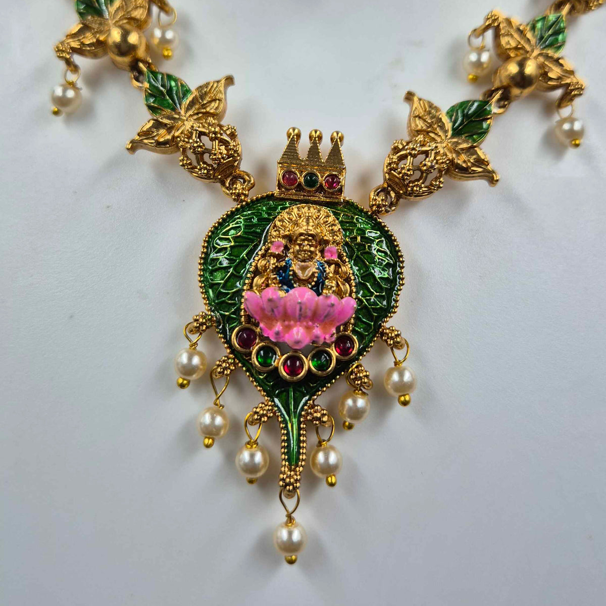 Lakshmi on Green Leaf Necklace & Earrings