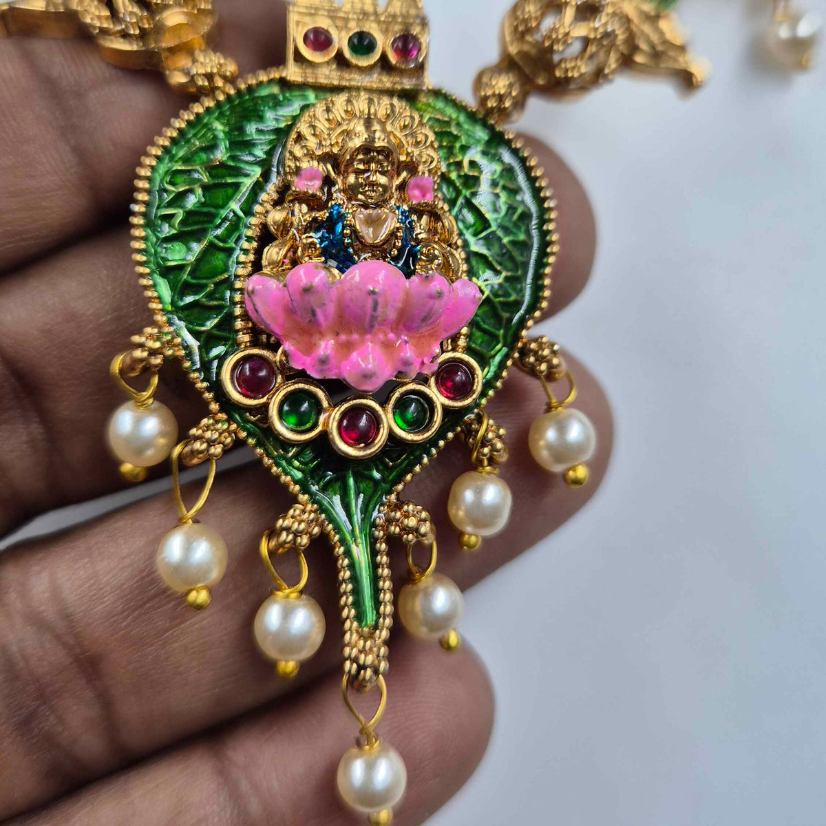 Lakshmi on Green Leaf Necklace & Earrings