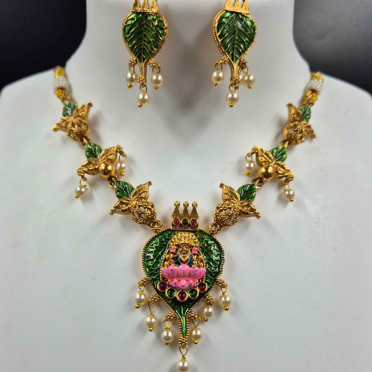 Lakshmi on Green Leaf Necklace & Earrings