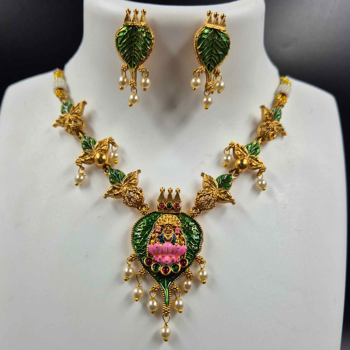 Lakshmi on Green Leaf Necklace & Earrings