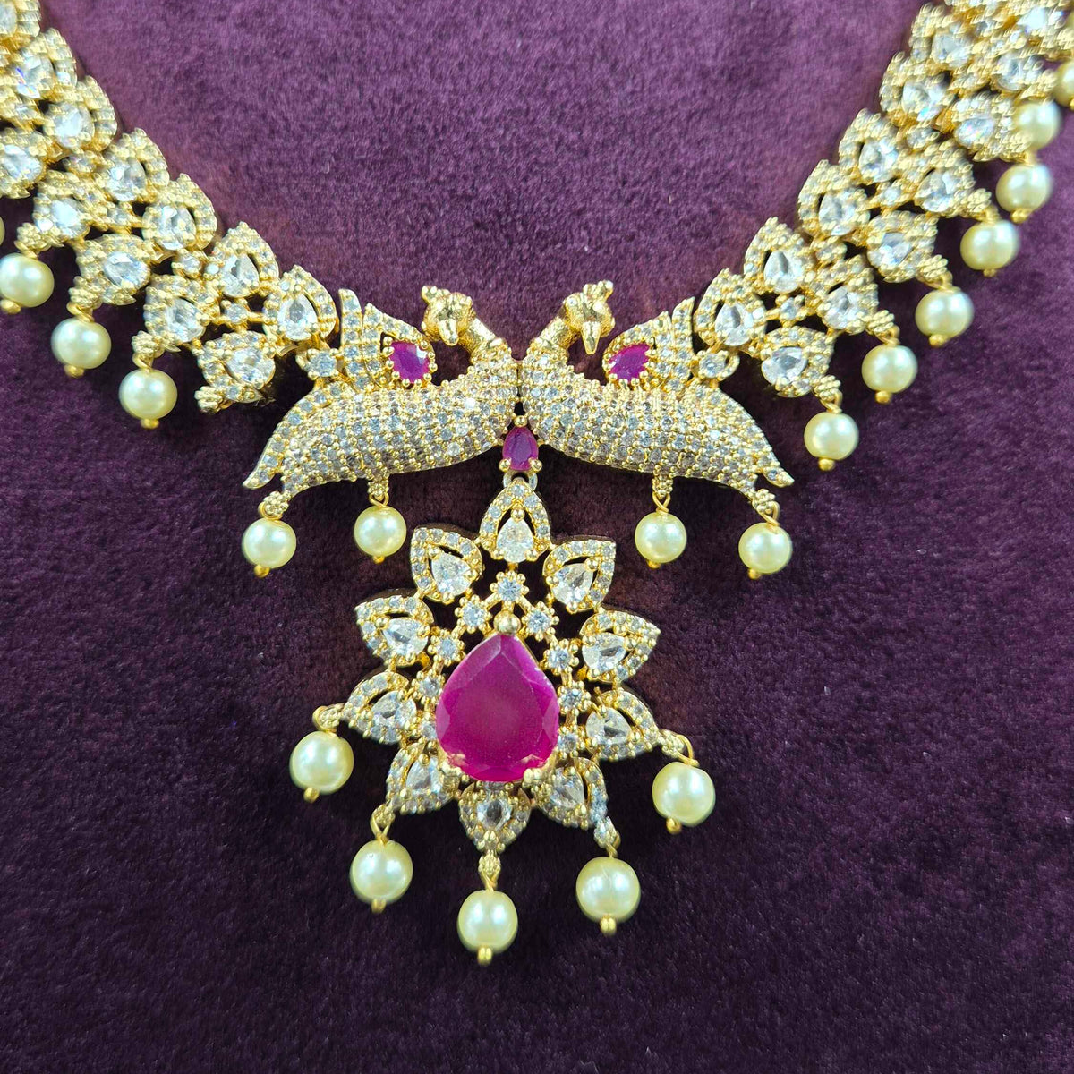 Ruby Floral CZ Necklace & Earrings Set