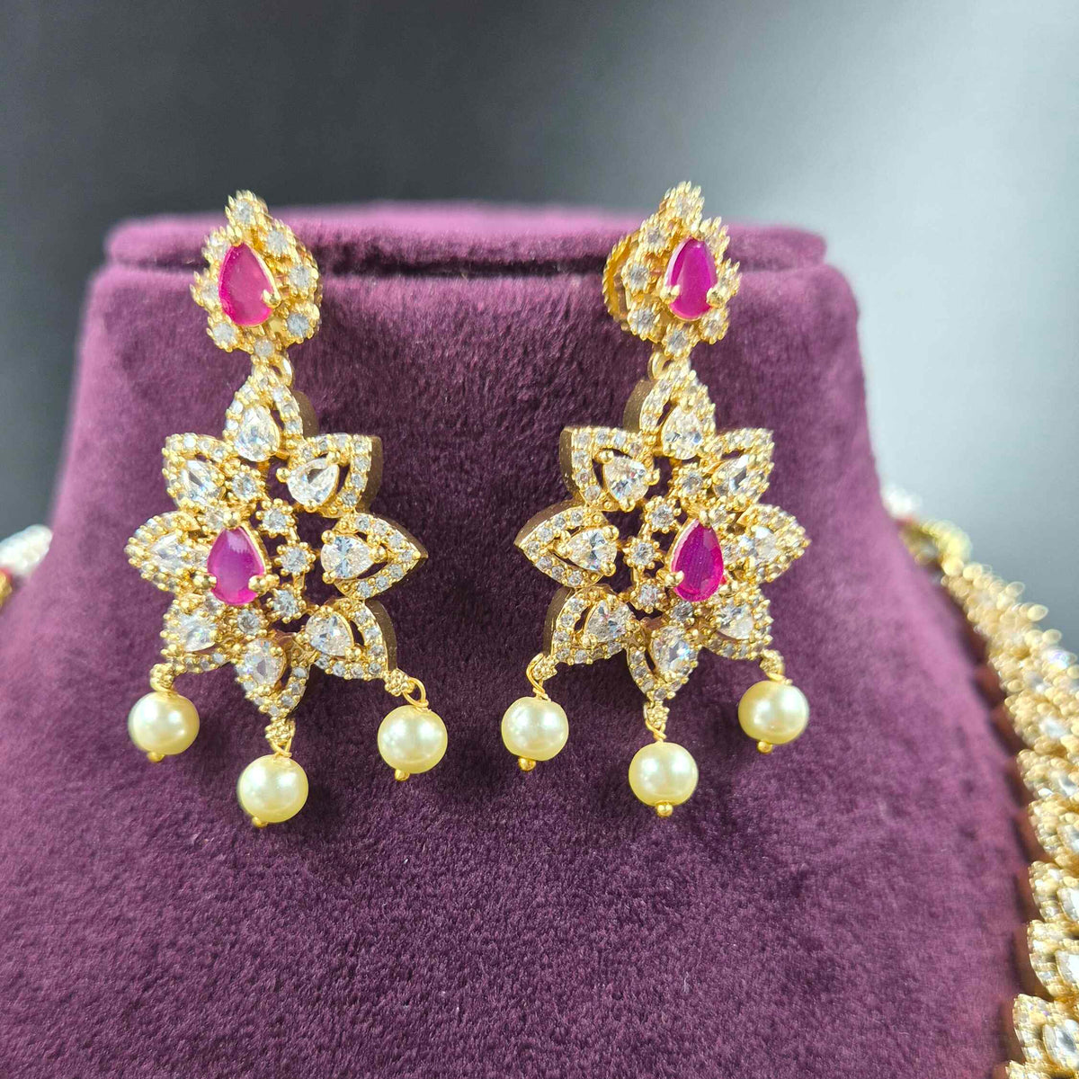 Ruby Floral CZ Necklace & Earrings Set