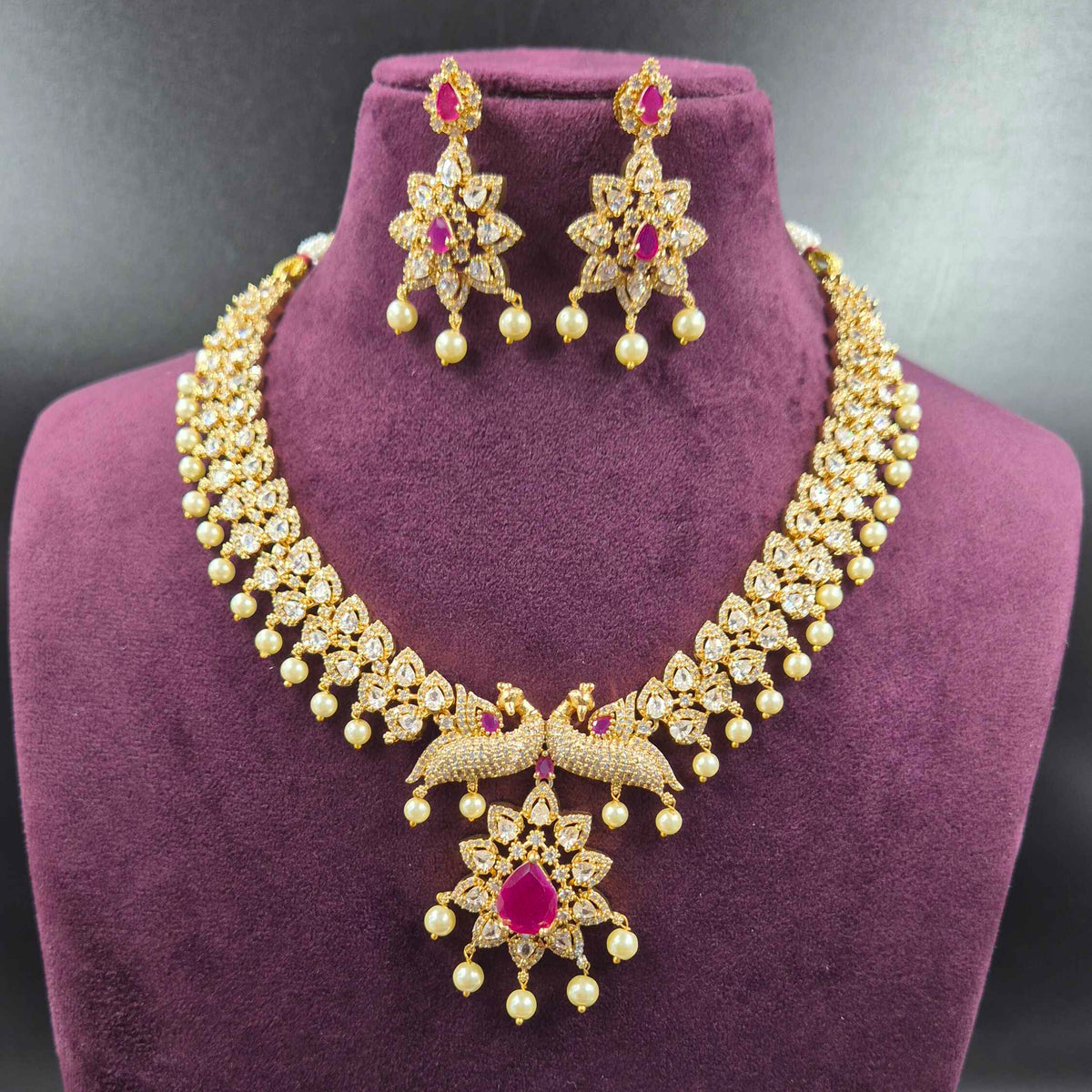 Ruby Floral CZ Necklace & Earrings Set