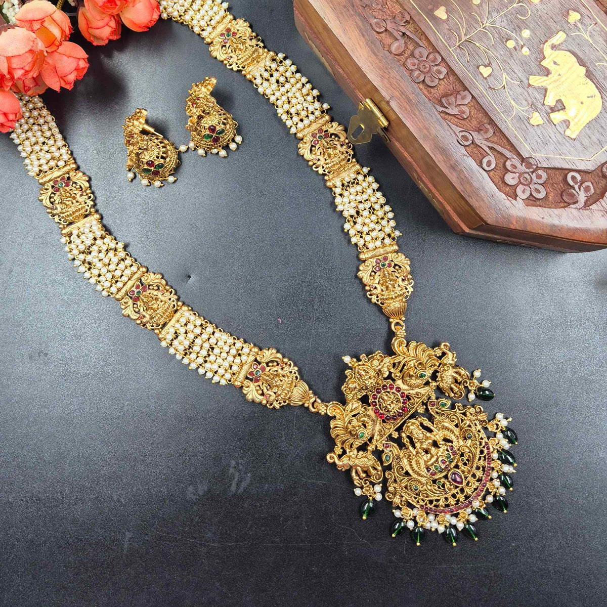 Peacock Lakshmi Pearlharam set with Earrings