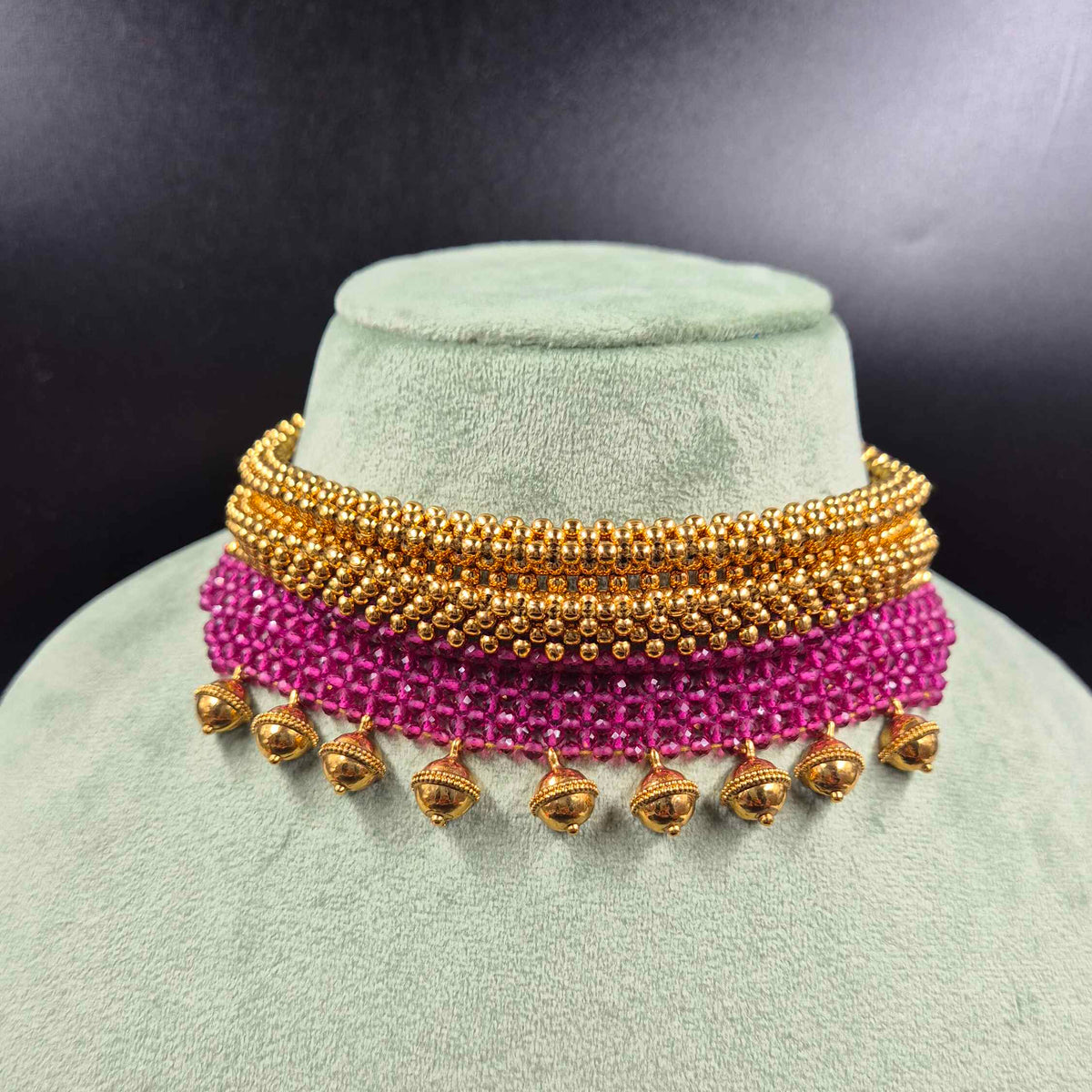 Pink Beaded Gold Choker Necklace