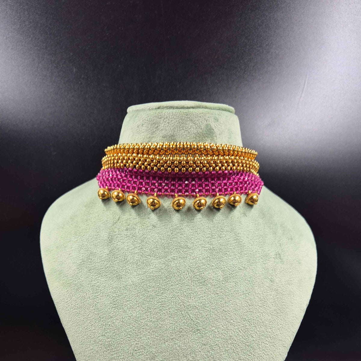 Pink Beaded Gold Choker Necklace