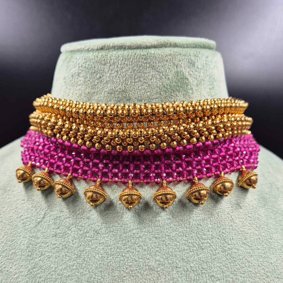 Pink Beaded Gold Choker Necklace