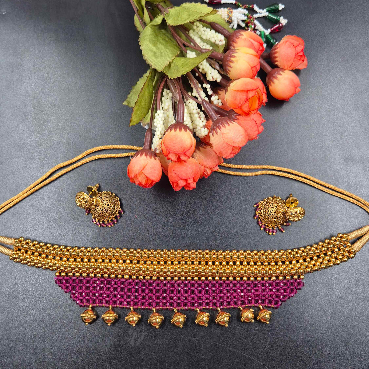 Pink Beaded Gold Choker Necklace