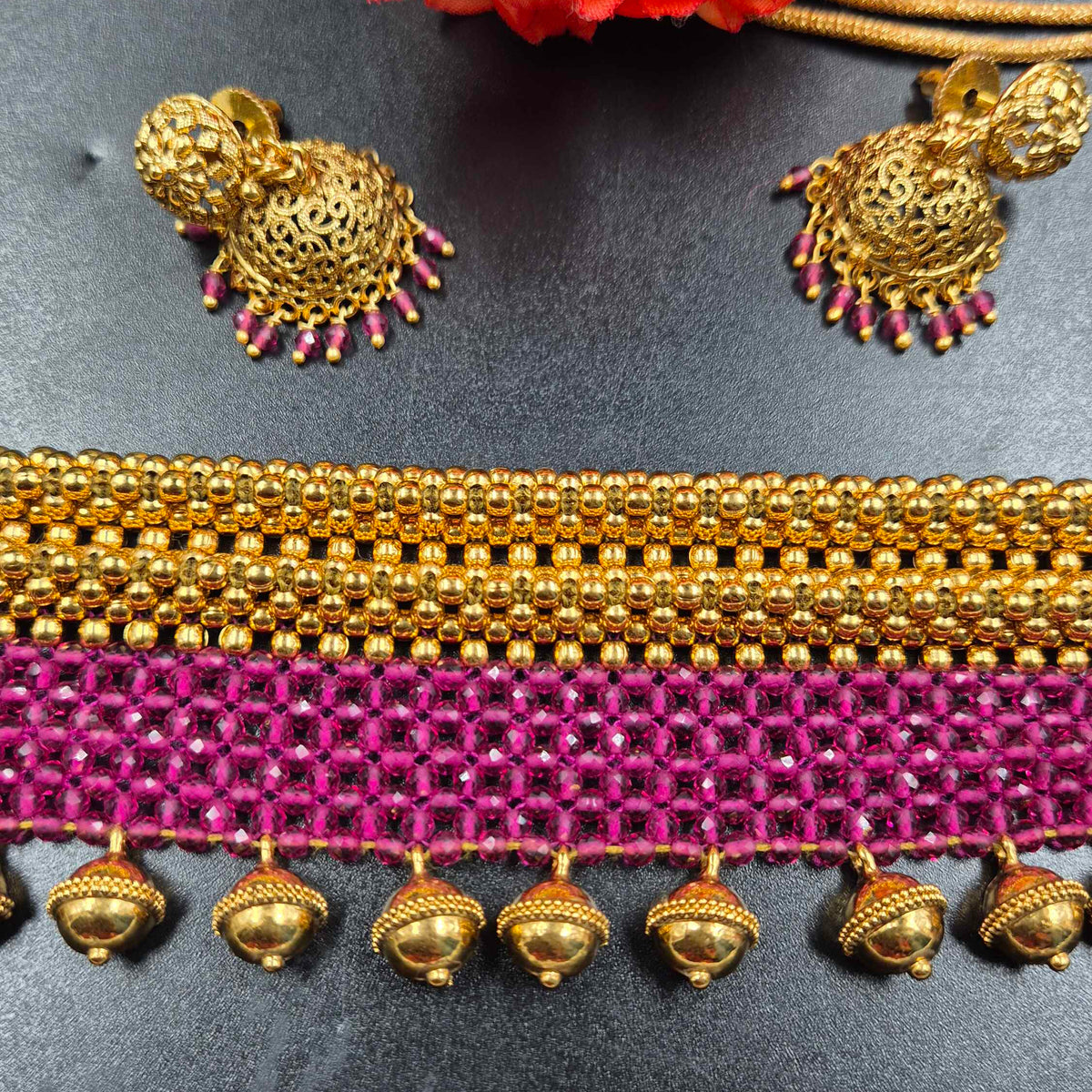 Pink Beaded Gold Choker Necklace