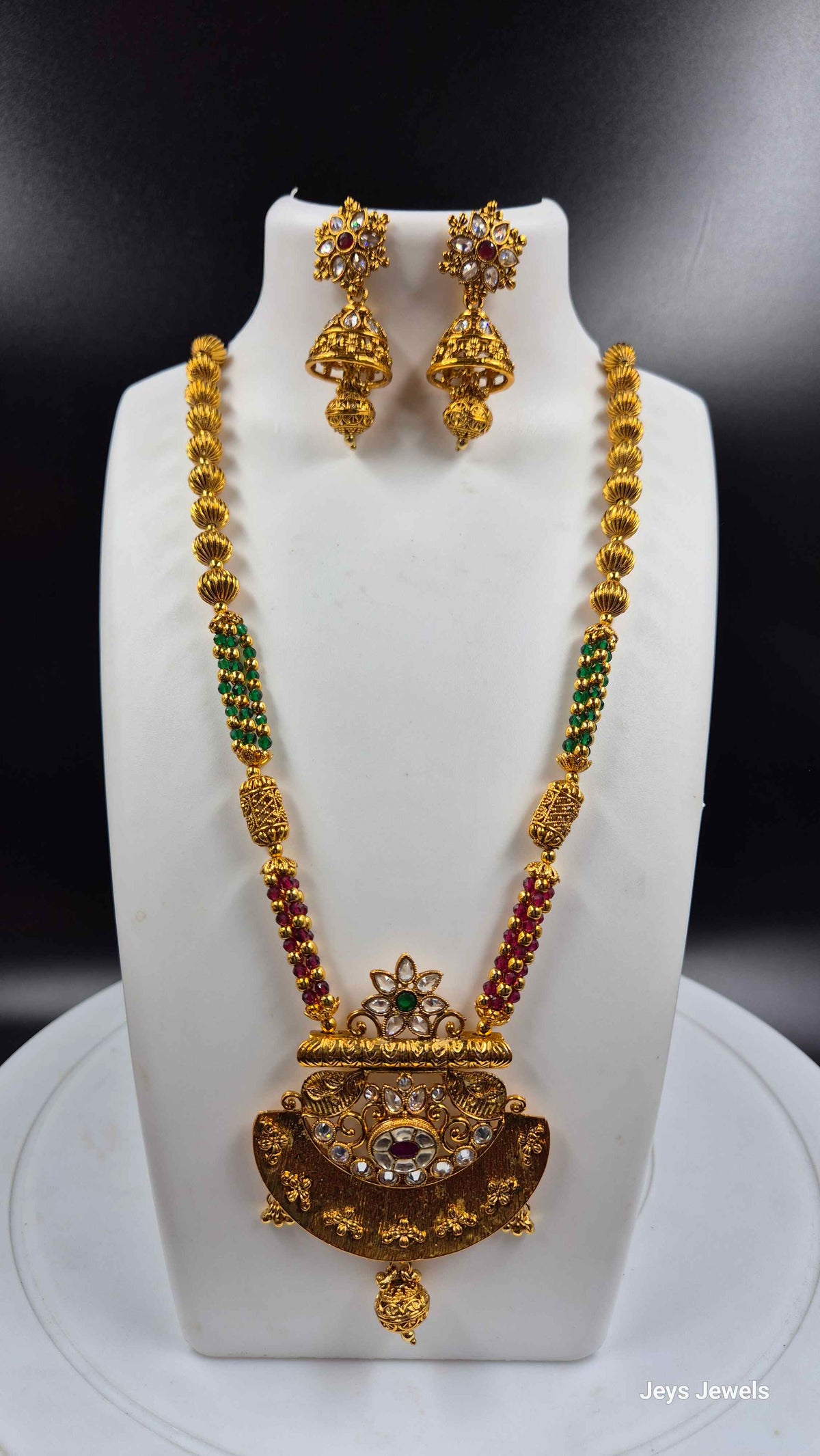 Non idol Long Kemp Stone Pendant Necklace & Jhumka Set