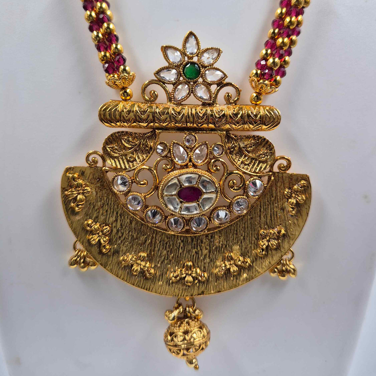 Non idol Long Kemp Stone Pendant Necklace & Jhumka Set