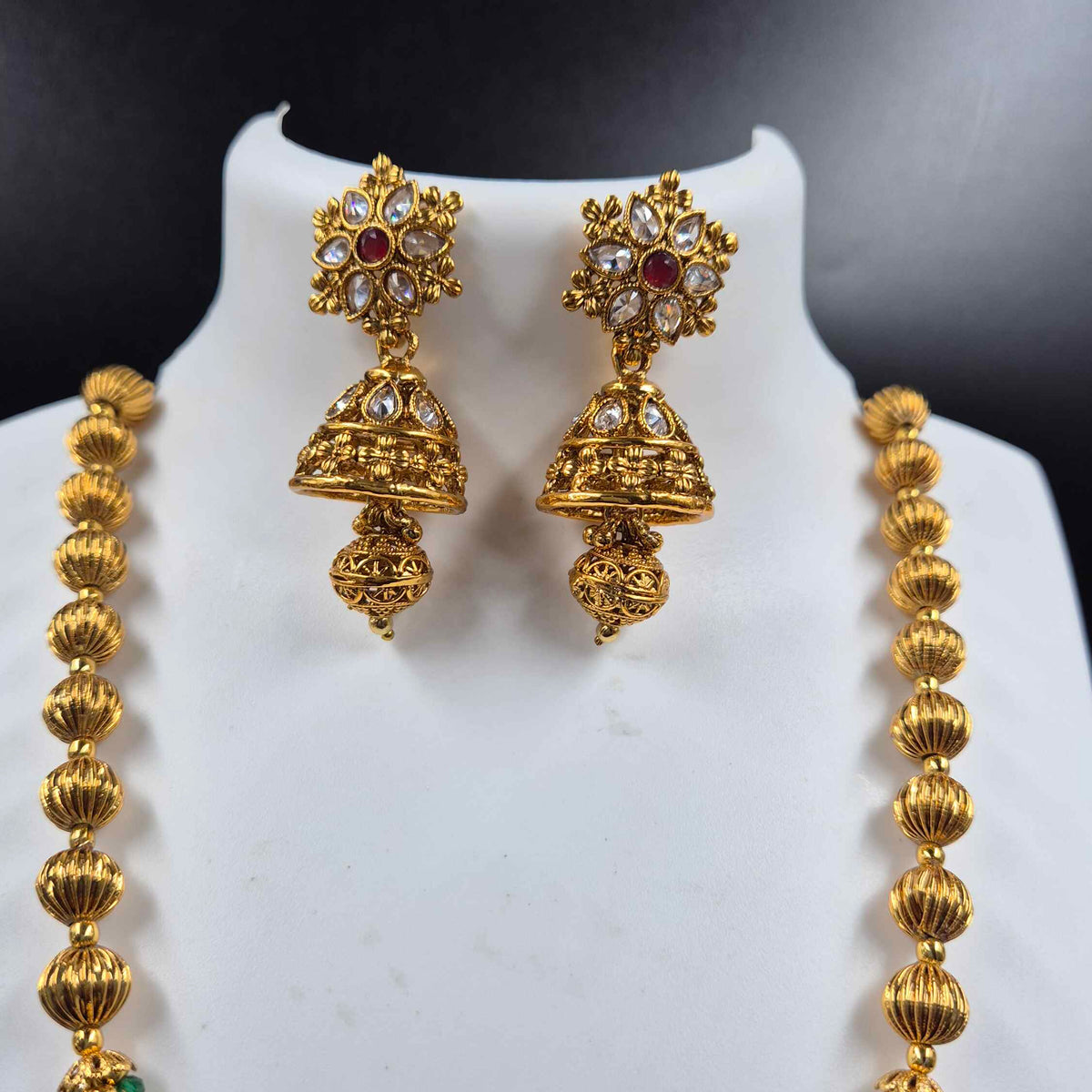 Non idol Long Kemp Stone Pendant Necklace & Jhumka Set