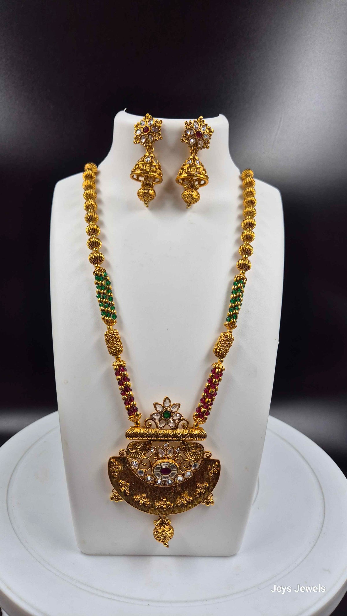 Non idol Long Kemp Stone Pendant Necklace & Jhumka Set
