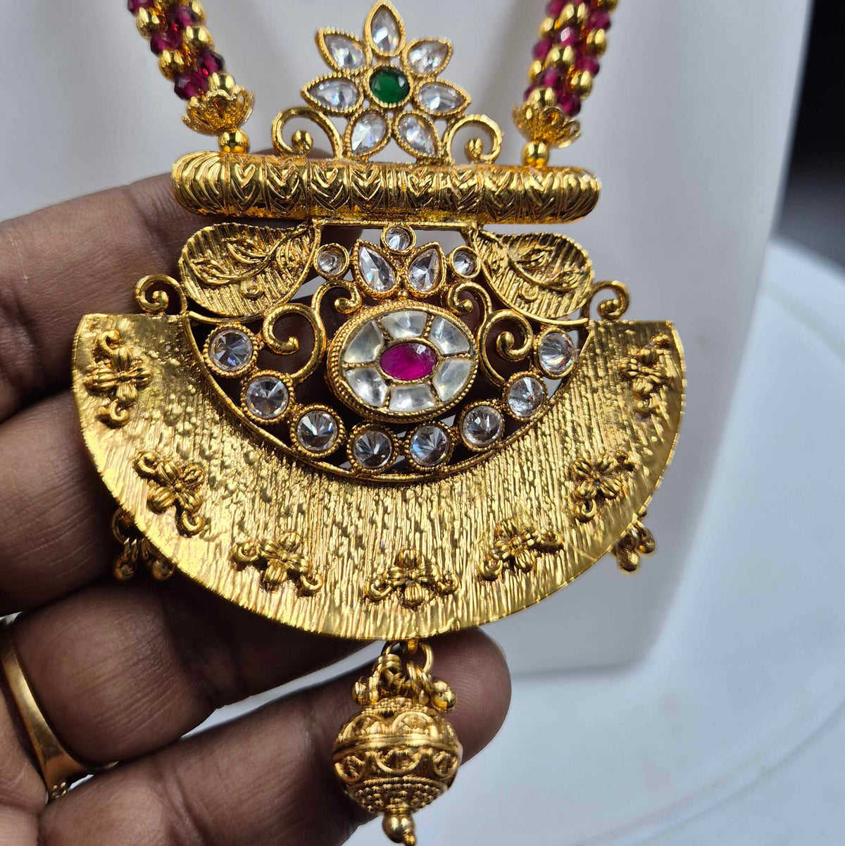 Non idol Long Kemp Stone Pendant Necklace & Jhumka Set