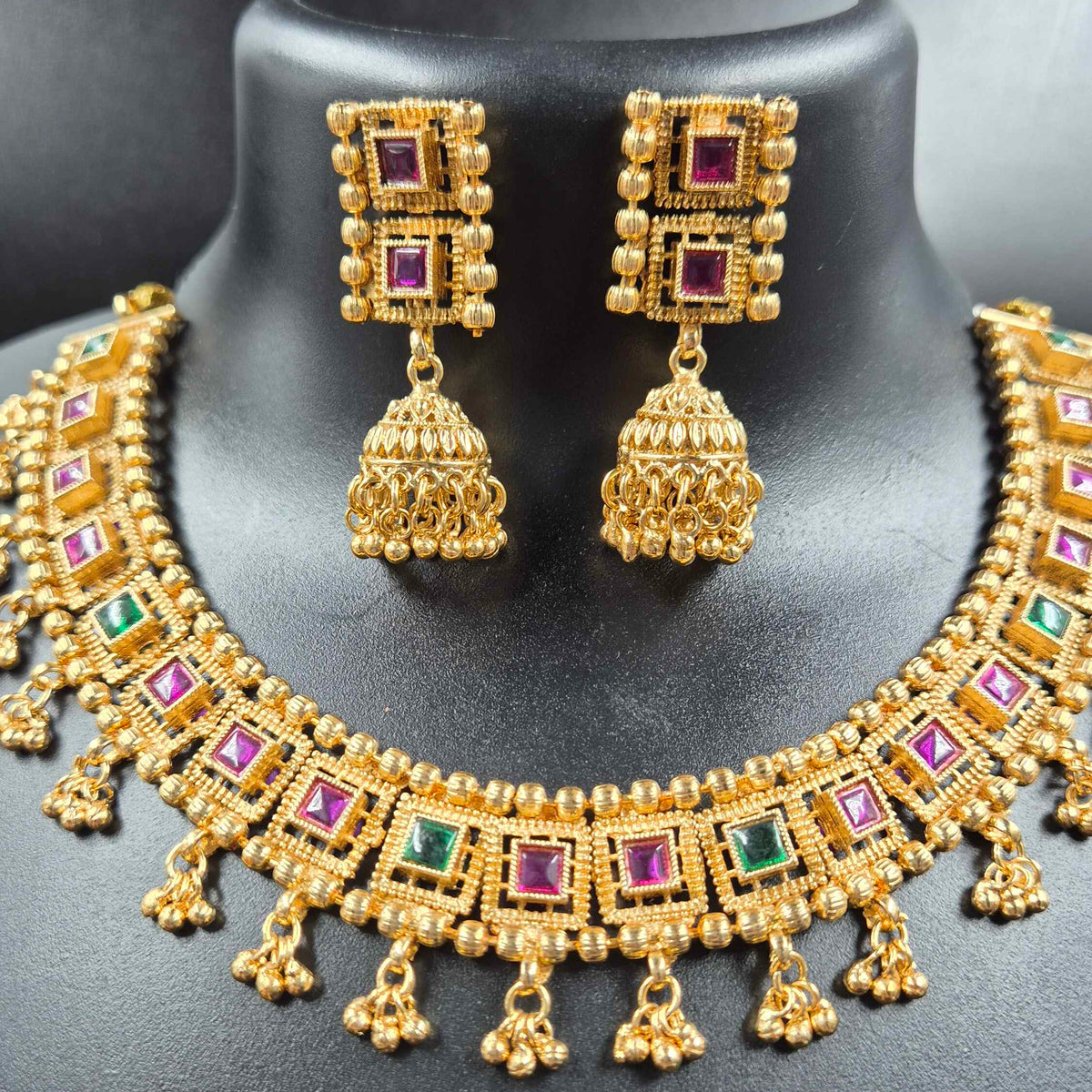 Ruby Green Kemp Choker Necklace & Jhumka Set