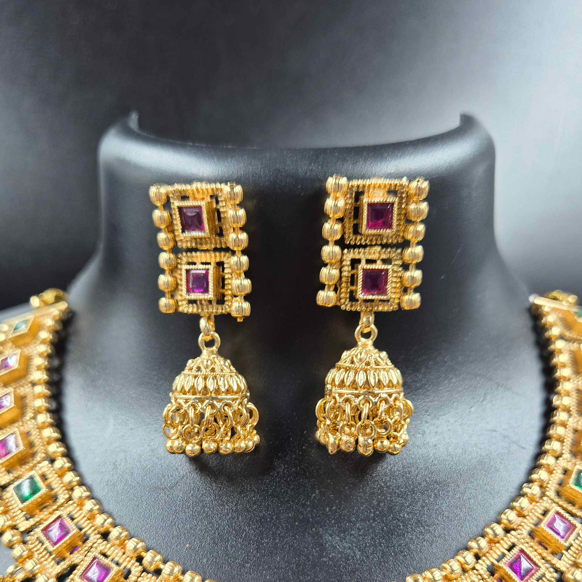 Ruby Green Kemp Choker Necklace & Jhumka Set
