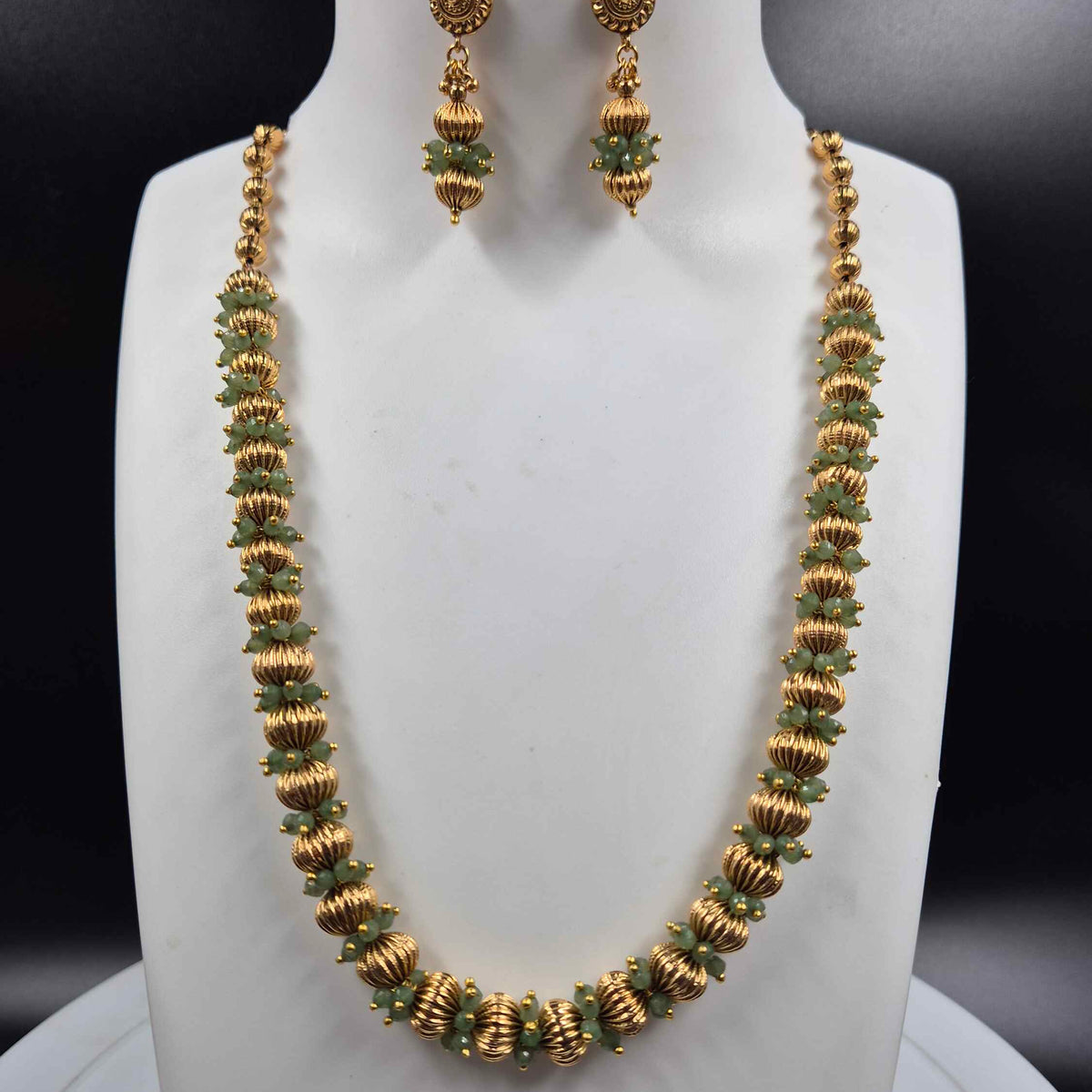 Mint Green Beaded Gold Balls Necklace & Earrings Set