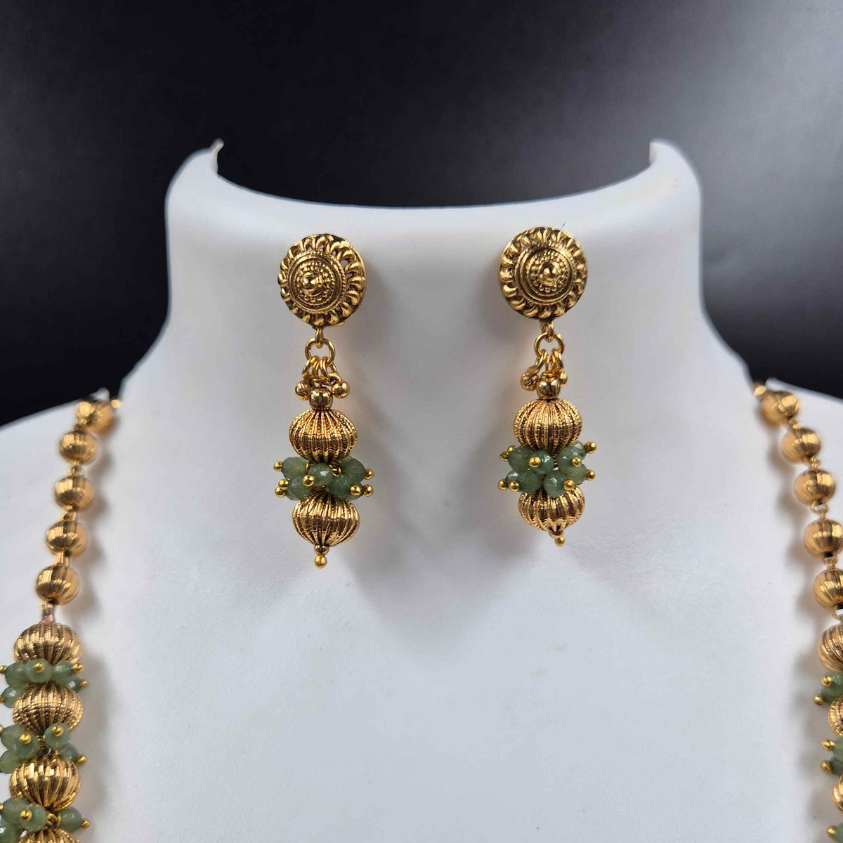 Mint Green Beaded Gold Balls Necklace & Earrings Set