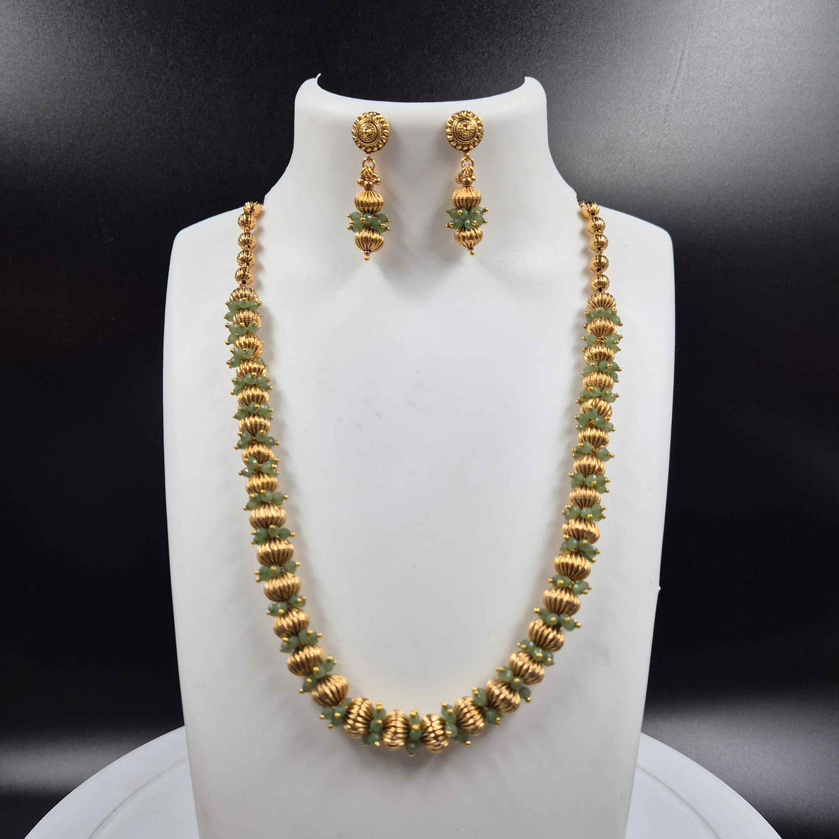 Mint Green Beaded Gold Balls Necklace & Earrings Set