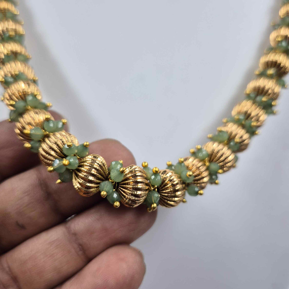 Mint Green Beaded Gold Balls Necklace & Earrings Set