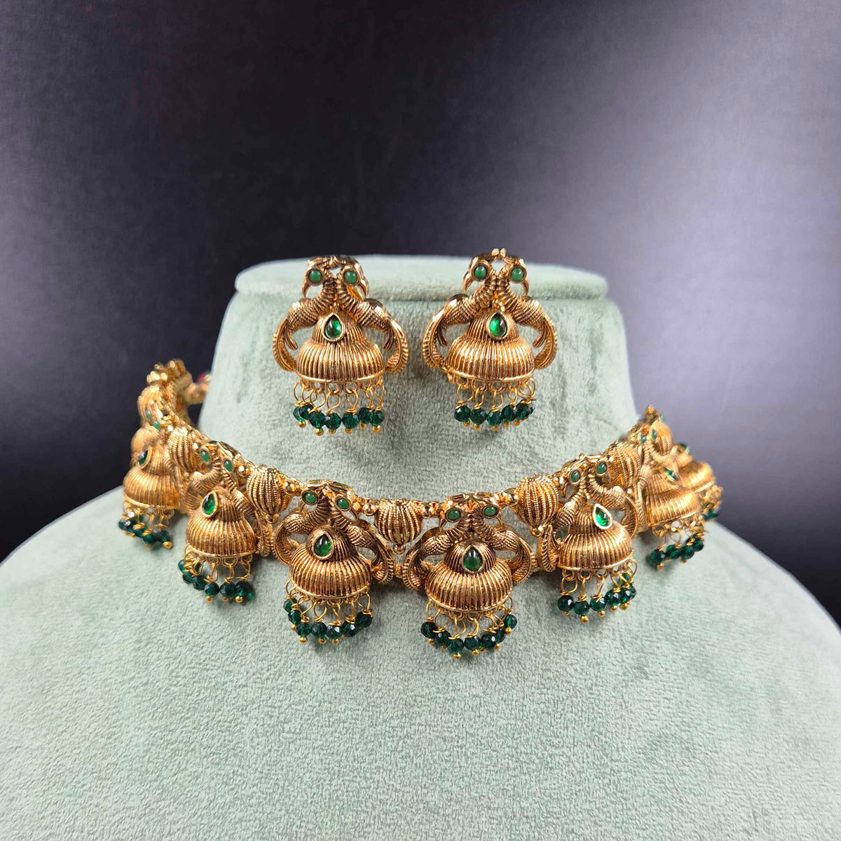 Peacock Jhumka Necklace Set with Green Beads