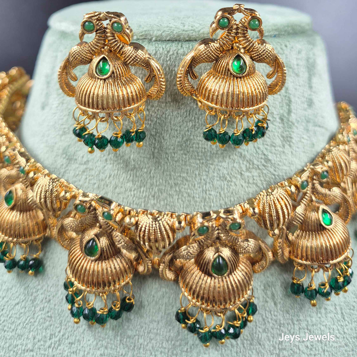 Peacock Jhumka Necklace Set with Green Beads